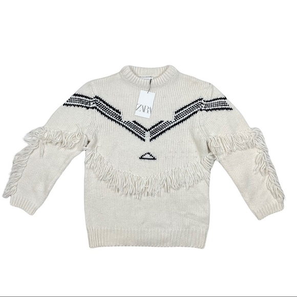 Zara Other - Zara Kids Aztec Frayed Pullover Sweater Girls Size 13-4 White Black Crewneck NWT
